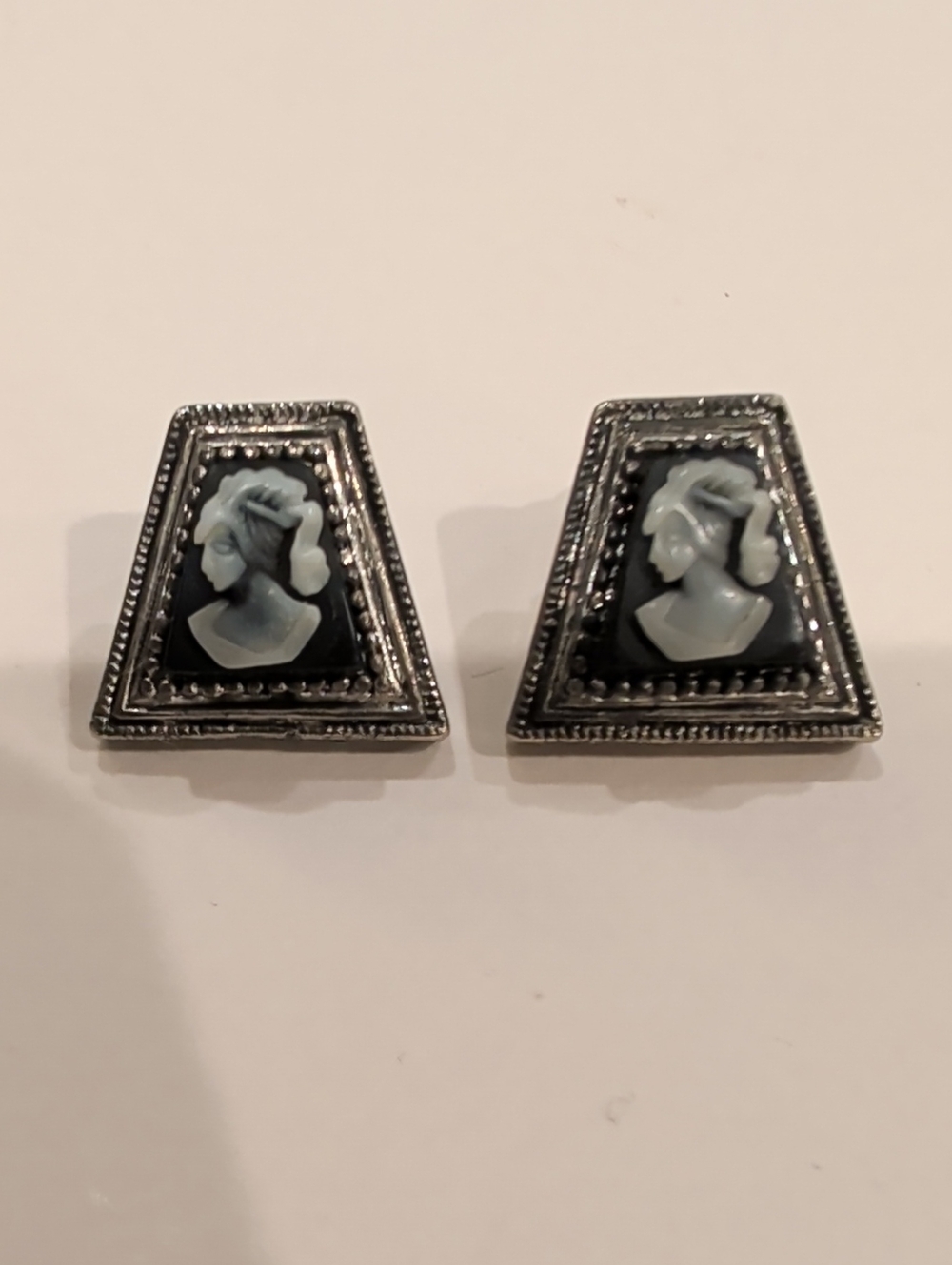 Vintage-style Black and Silver Cameo Stud Earrings